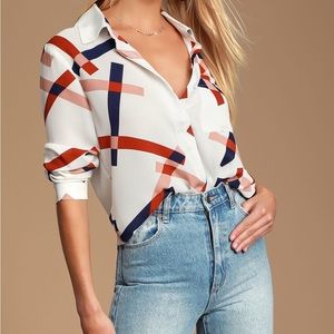 White Geometric Print Button Up
